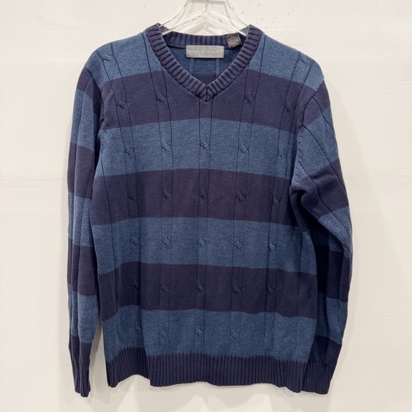 Oscar De La Renta Cotton Blue Stripe Knit Sweater Large